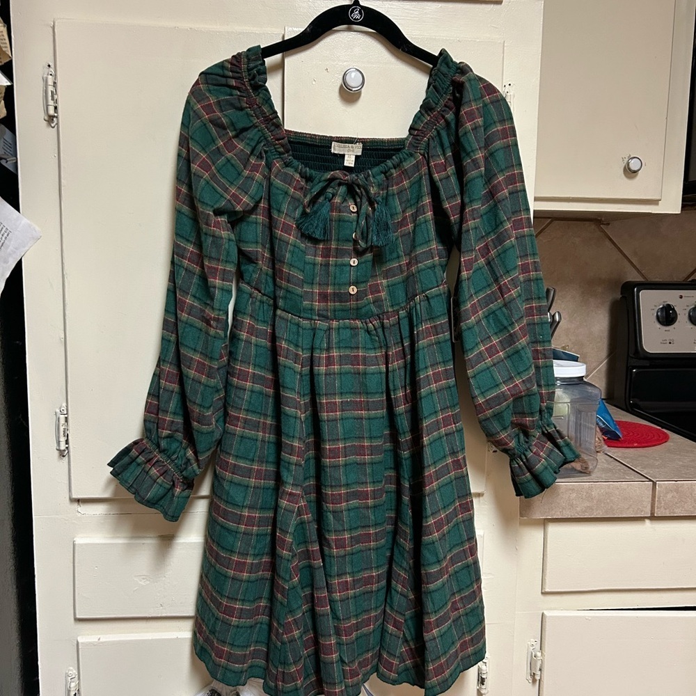 Chelsea & Violet Dress Big Girl Size XL Plaid Long Sleeve Green Blue NWT